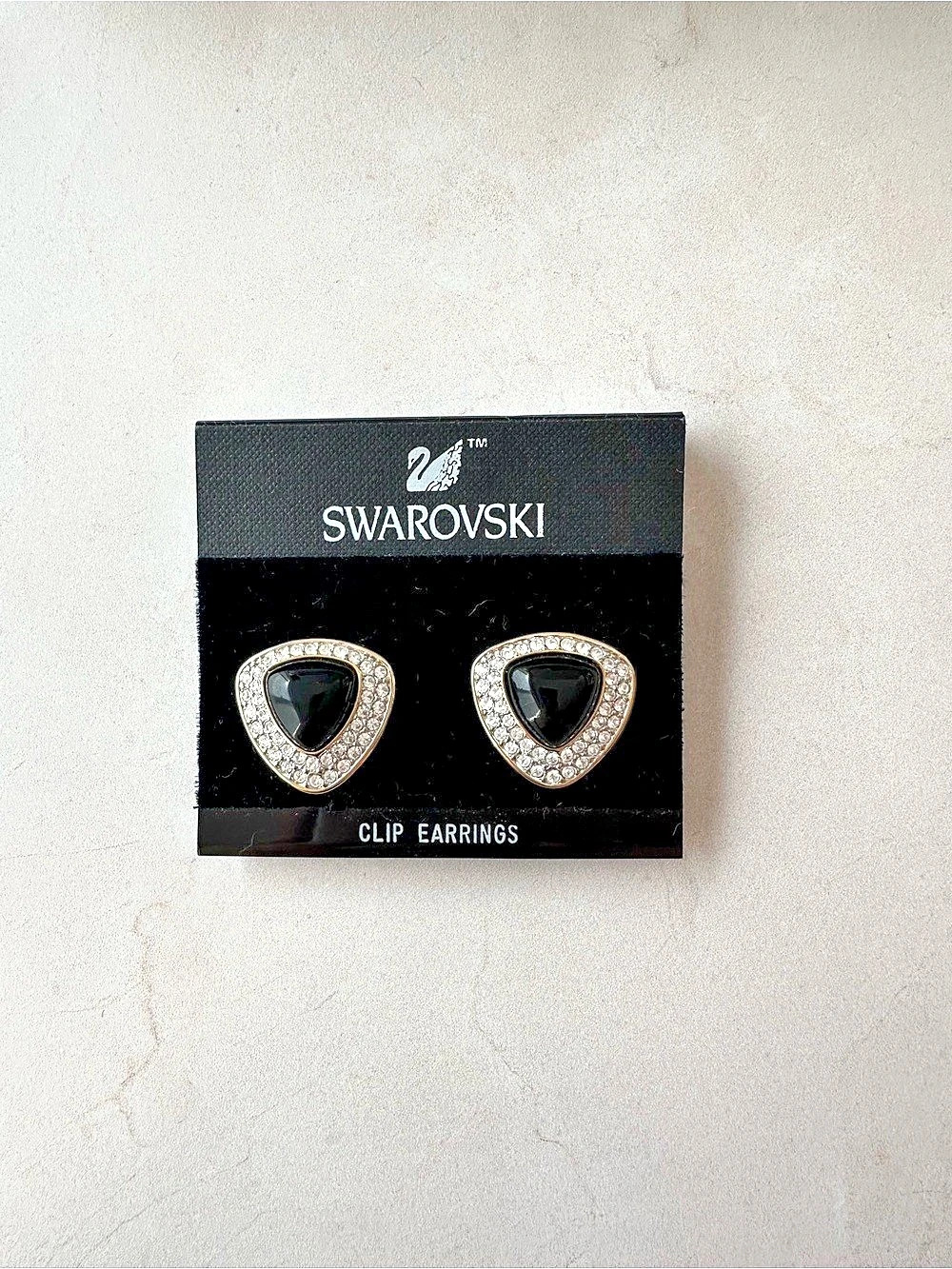 Swarovski Vintage S.A.L. Black Enamel & Rhinestone Triangle Clip Earrings